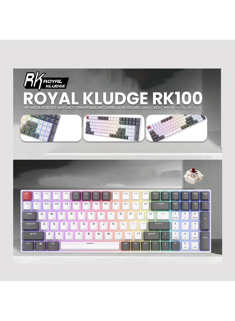 Royal Kludge - Royal Kludge RK100 Tri-Mode RGB 100 Keys Hot Swappable Mechanical Keyboard Grey/Red/White (Brown Switch) - Image 1