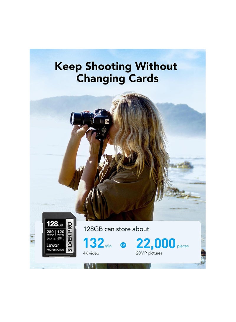 Lexar Lexar Silver Pro SD Card 128GB, UHS-II Memory Card, V60, U3, C10, SDXC Card, Up To 280MB/s 128 GB - Image 4