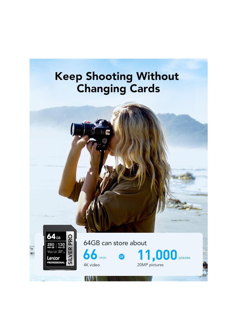 Lexar - Lexar Silver Pro SD Card 64GB, UHS-II Memory Card, V60, U3, C10, SDXC Card, Up To 280MB/s 64 GB - Image 1