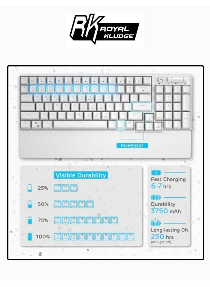 Royal Kludge - ROYAL KLUDGE RK96 Tri-Mode RGB 96 Keys Hot Swappable Mechanical Keyboard White (Blue Switch) - Image 1