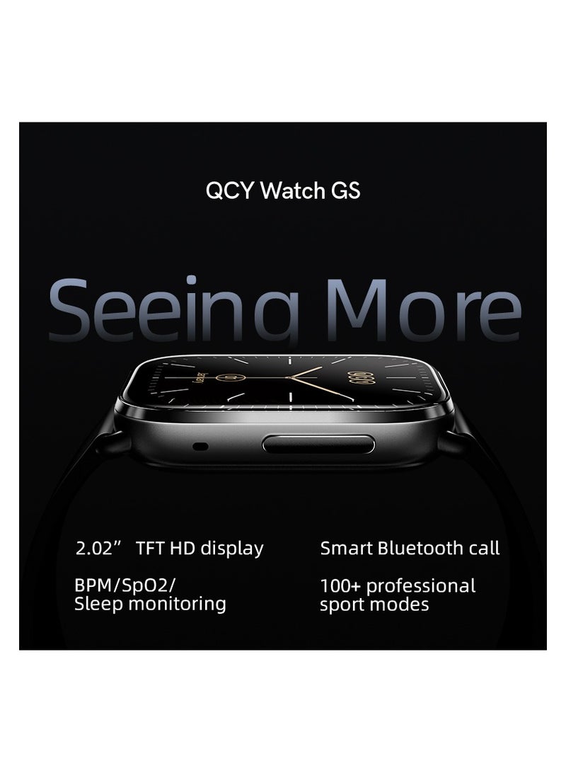 كيو سي واي - QCY GS Smart Watch With 2.02 Large Display, Bluetooth Call, Health Monitoring,10 Days Battery Life and Message, Call Notification Black - Image 1