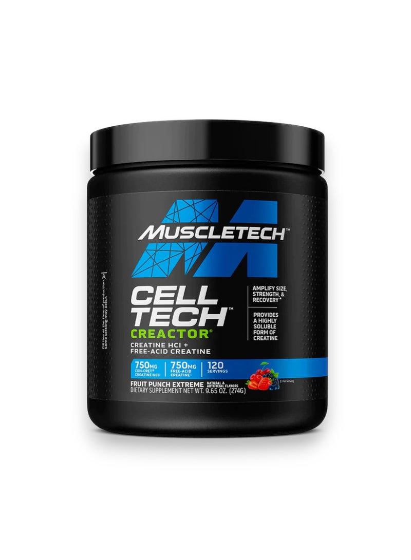 ماسل تيك Cell Tech Creactor، كرياتين حمض الهيدروكلوريك + كرياتين خالي من الأحماض، نكهة الفاكهة الفائقة، 120 حصة 