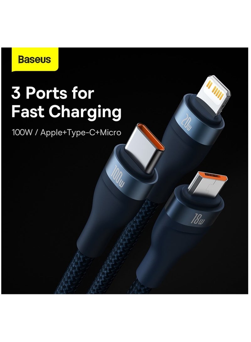 Baseus - 100W Flash Series Multi Charging (1.2M) 4 In 1 Cable Fast Charging USB Type C Micro USB And USB To Lightning Cable Compatible For iPhone 15/14/13/12/11 Series/MacBook/iPad/Samsung/Huawei And More Blue - Image 1