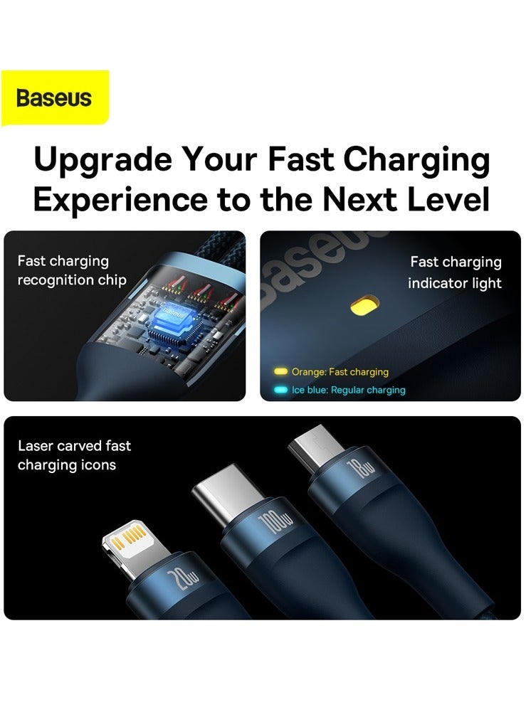 Baseus - 100W Flash Series Multi Charging (1.2M) 4 In 1 Cable Fast Charging USB Type C Micro USB And USB To Lightning Cable Compatible For iPhone 15/14/13/12/11 Series/MacBook/iPad/Samsung/Huawei And More Blue - Image 1