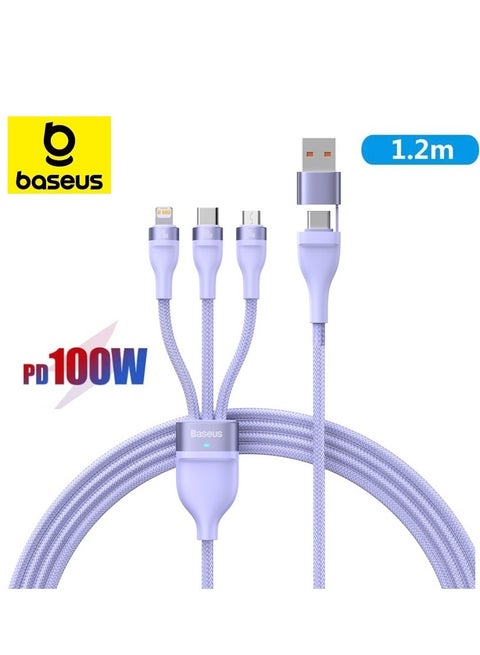 100W Flash Series Multi Charging (1.2M) 4 In 1 Cable Fast Charging USB Type C Micro USB And USB To Lightning Cable Compatible For iPhone 15/14/13/12/11 Series/MacBook/iPad/Samsung/Huawei And More Purple