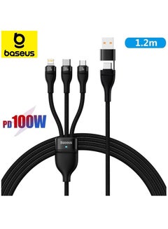بيسوس كابل شحن متعدد من سلسلة فلاش 100 وات (1.2 متر) 4 في 1 شحن سريع USB من النوع C وكابل USB صغير وUSB إلى Lightning متوافق مع هواتف iPhone 15/14/13/12/11 Series/MacBook/iPad/Samsung/Huawei والمزيد  - Image 1