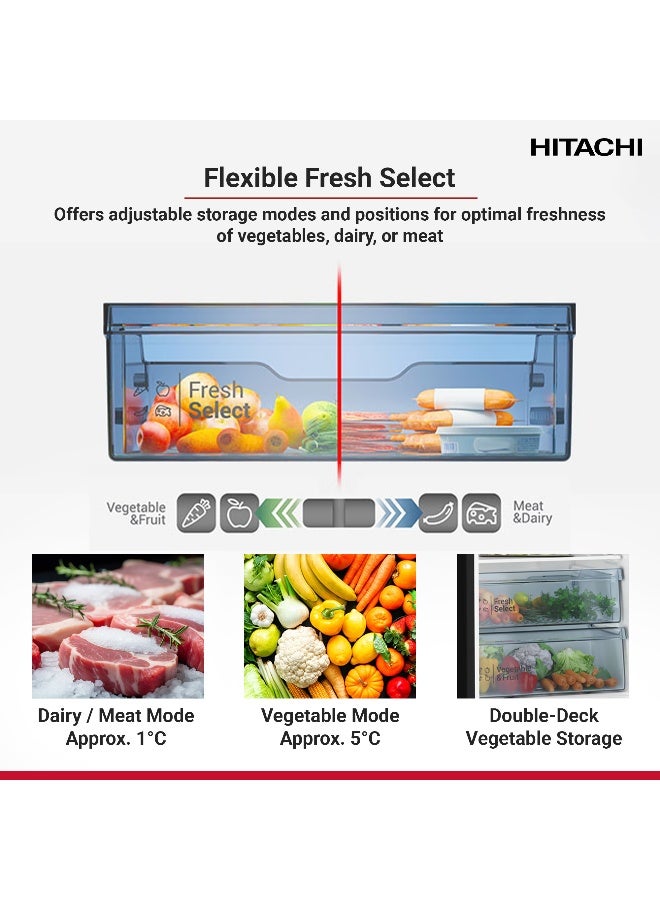 هيتاشي سعة إجمالية 380 لترًا وصافي سعة 260 لترًا، ثلاجة ببابين، ثلاجة بفريزر نو فروست، ضمان 10 سنوات على الضاغط العاكس، تبريد بمروحة مزدوجة، إنذار للباب وإضاءة LED، صينية ثلج ملتوية - Image 5