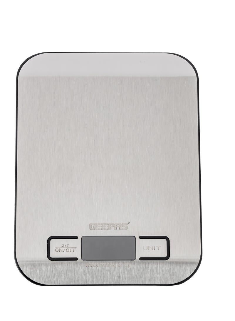 Geepas Digital Kitchen Scale With Digital Display, Max Weight 5 Kg, Tare Function, Auto On/Off, Low Battery/Overload Indicator, Equipped With A High Precision, Strain Gauge Sensor System, GKS46526UK Light Grey
