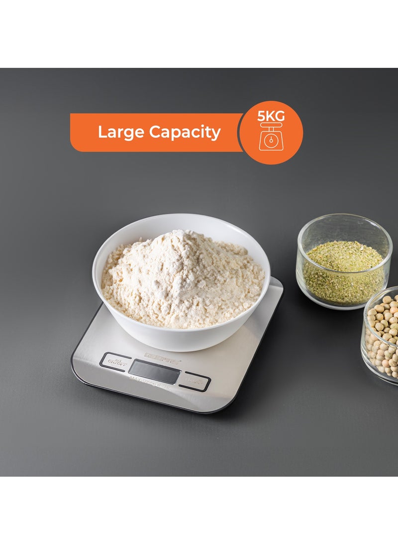 Geepas Digital Kitchen Scale With Digital Display, Max Weight 5 Kg, Tare Function, Auto On/Off, Low Battery/Overload Indicator, Equipped With A High Precision, Strain Gauge Sensor System, GKS46526UK Light Grey
