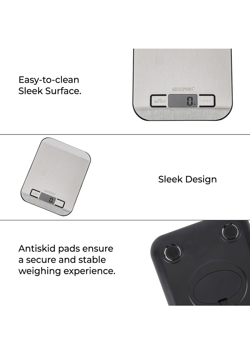 Geepas Digital Kitchen Scale With Digital Display, Max Weight 5 Kg, Tare Function, Auto On/Off, Low Battery/Overload Indicator, Equipped With A High Precision, Strain Gauge Sensor System, GKS46526UK Light Grey