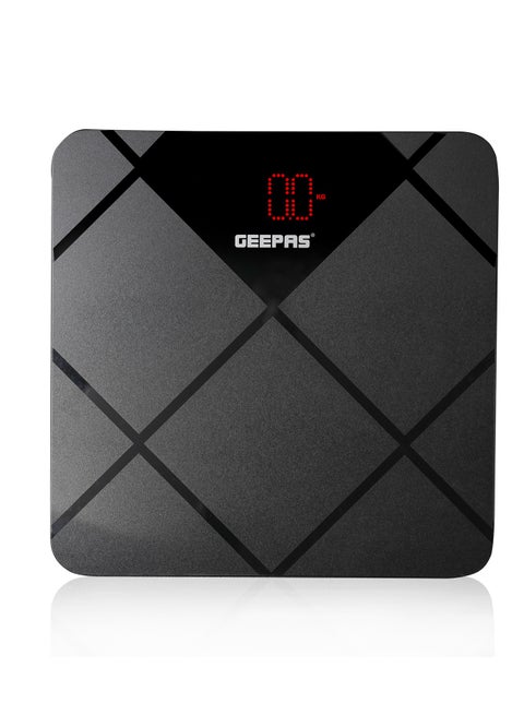 Geepas Digital Body Scale With Digital Display, Max Weight 180 Kgs, 6 MM Tempered Glass, Anti-Slip Design, Red Lattice LED, Auto On-Off, High Precision Strain Gauge Sensor GBS46523UK Grey & black