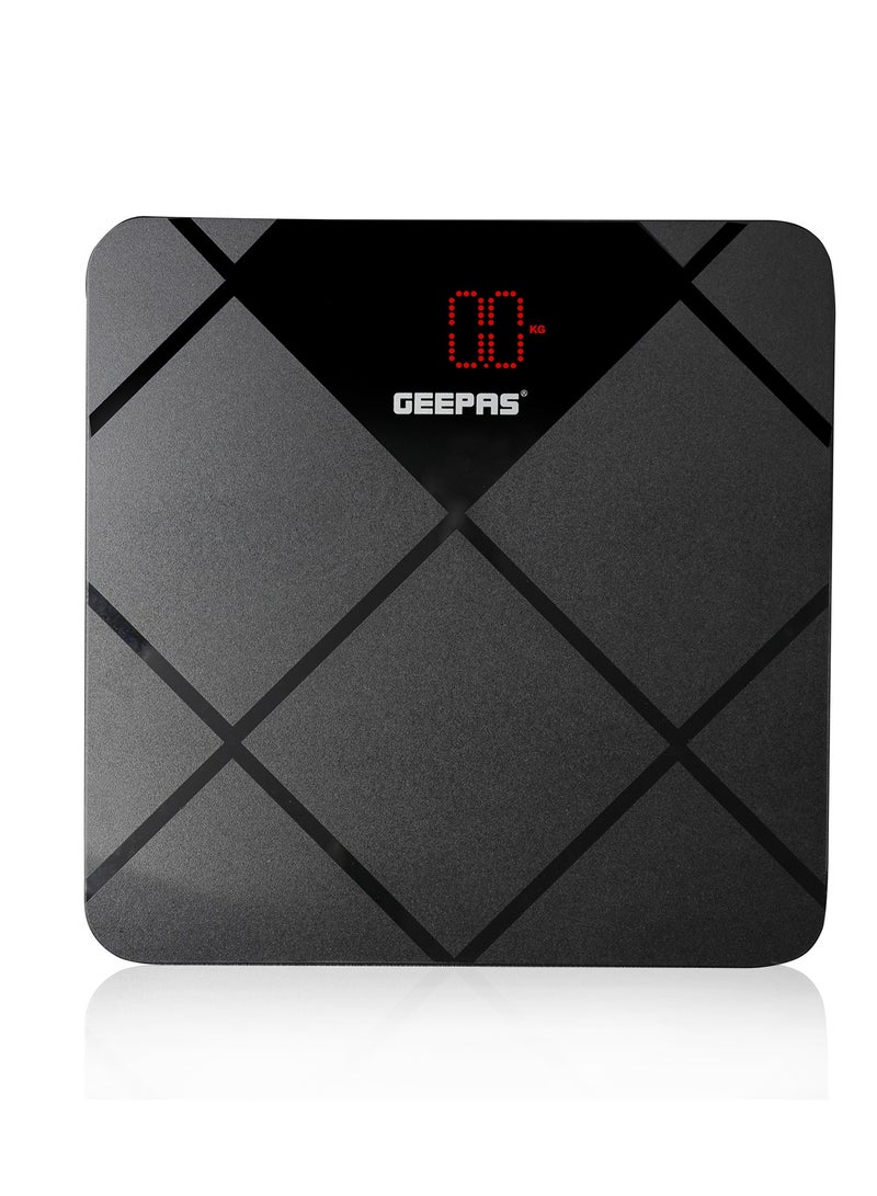 Geepas Digital Body Scale With Digital Display, Max Weight 180 Kgs, 6 MM Tempered Glass, Anti-Slip Design, Red Lattice LED, Auto On-Off, High Precision Strain Gauge Sensor GBS46523UK Grey & black
