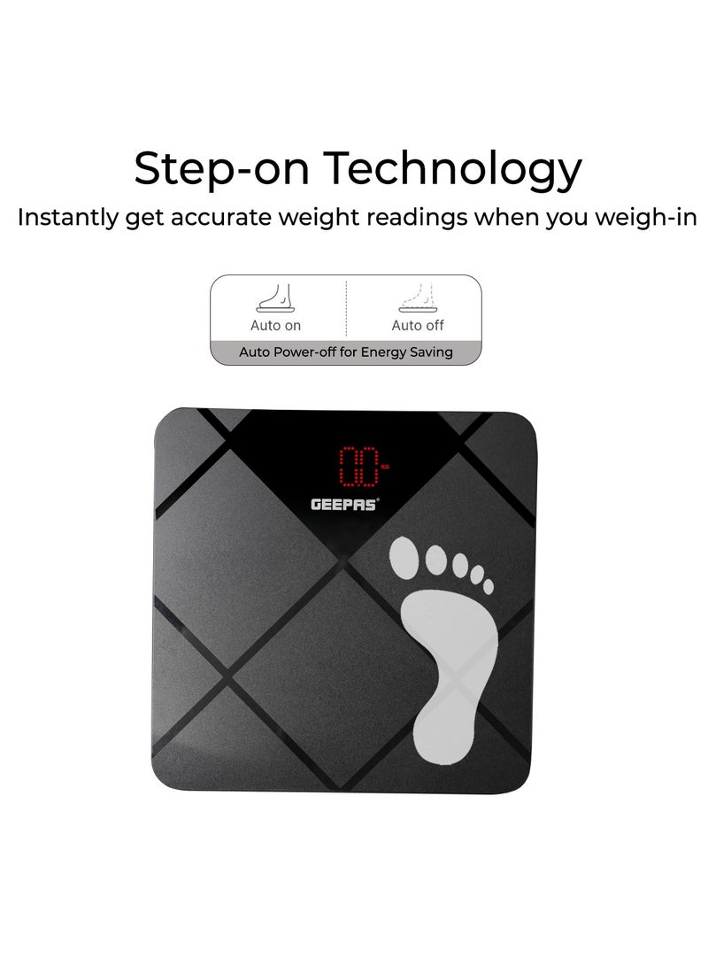 Geepas Digital Body Scale With Digital Display, Max Weight 180 Kgs, 6 MM Tempered Glass, Anti-Slip Design, Red Lattice LED, Auto On-Off, High Precision Strain Gauge Sensor GBS46523UK Grey & black