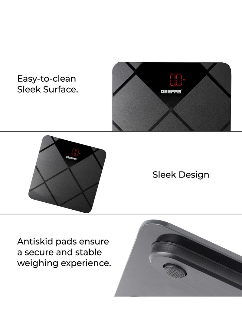 Geepas Digital Body Scale With Digital Display, Max Weight 180 Kgs, 6 MM Tempered Glass, Anti-Slip Design, Red Lattice LED, Auto On-Off, High Precision Strain Gauge Sensor GBS46523UK Grey & black