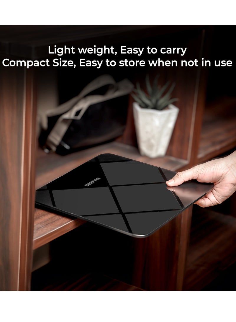 Geepas Digital Body Scale With Digital Display, Max Weight 180 Kgs, 6 MM Tempered Glass, Anti-Slip Design, Red Lattice LED, Auto On-Off, High Precision Strain Gauge Sensor GBS46523UK Grey & black