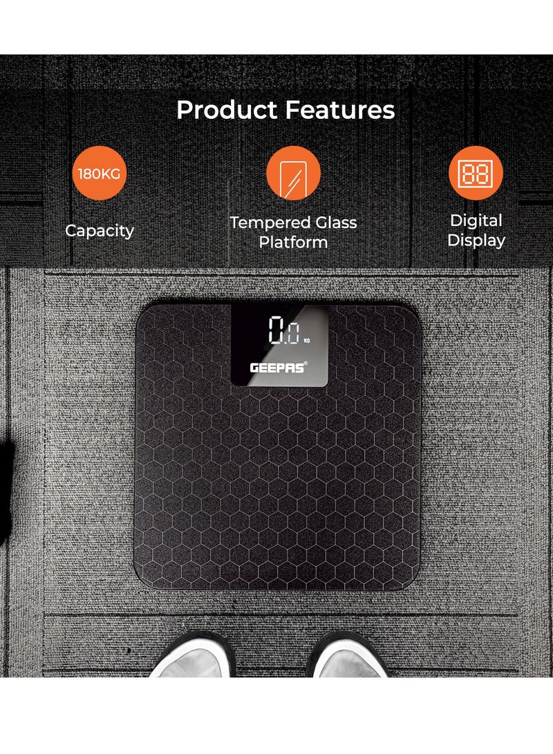 GEEPAS - Geepas Digital Body Scale With Digital Display, 180Kg Max Weight, 6MM Tempered Glass, Anti Slip Glass Platform, LED Display, Low Battery /Overload Indication, GBS46524UK Black - Image 1