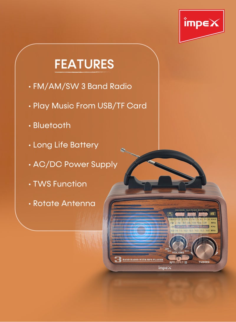 Impex - Radio Bluetooth Portable Speaker, FM/AM/SW 3 Band Rechargeable Radio Vintage Style, TWS Function, Support USB/TF Card Melody Plus Brown - Image 1