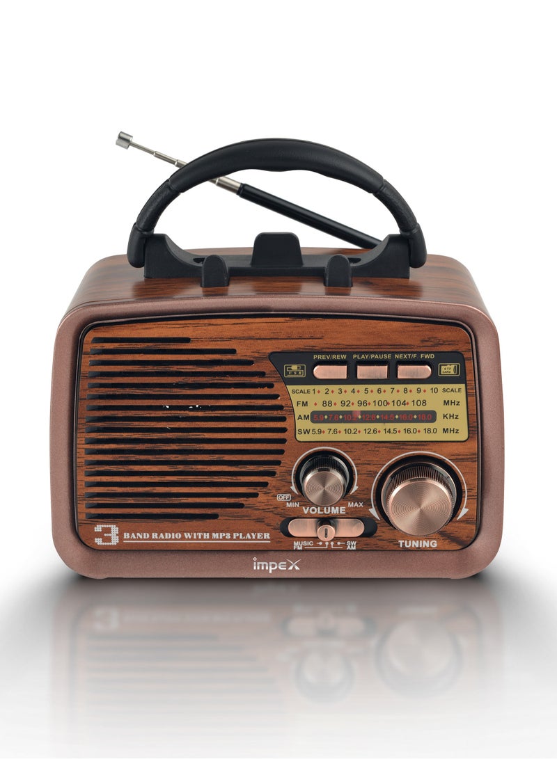 Impex - Radio Bluetooth Portable Speaker, FM/AM/SW 3 Band Rechargeable Radio Vintage Style, TWS Function, Support USB/TF Card Melody Plus Brown - Image 1