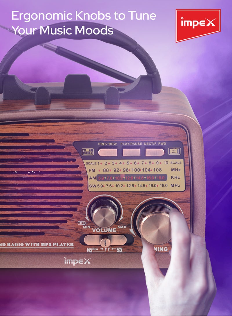 Impex - Radio Bluetooth Portable Speaker, FM/AM/SW 3 Band Rechargeable Radio Vintage Style, TWS Function, Support USB/TF Card Melody Plus Brown - Image 1