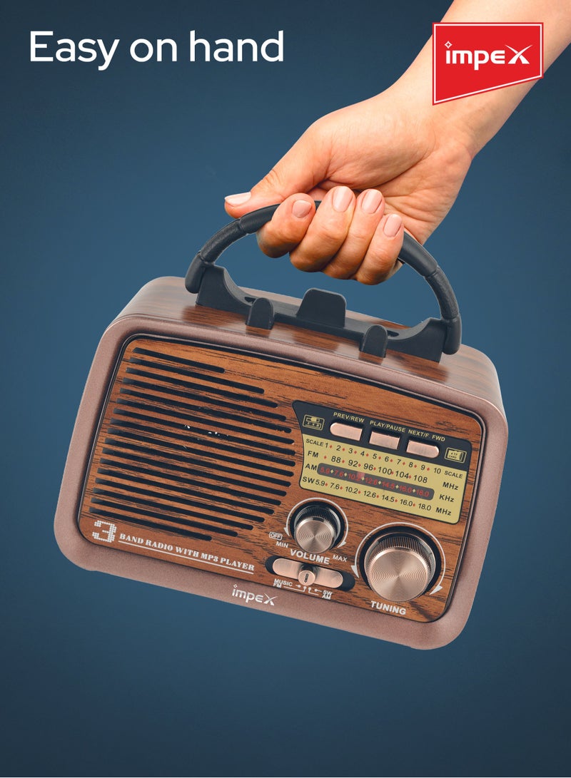Impex - Radio Bluetooth Portable Speaker, FM/AM/SW 3 Band Rechargeable Radio Vintage Style, TWS Function, Support USB/TF Card Melody Plus Brown - Image 1