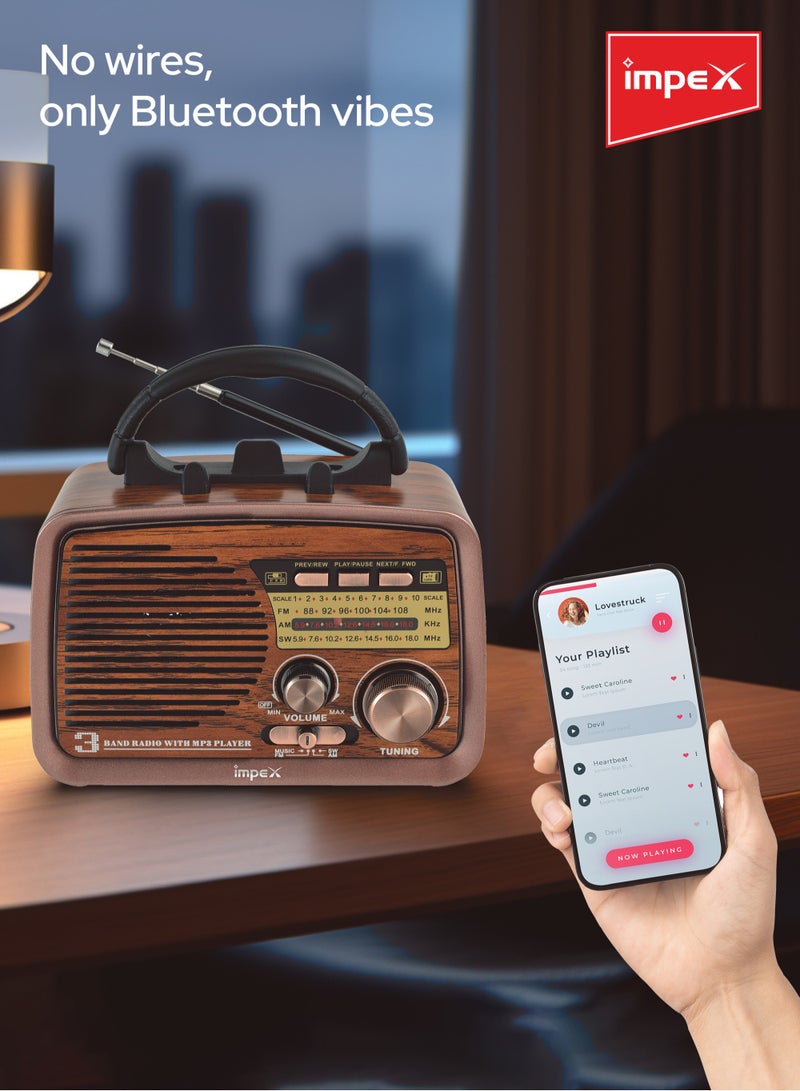 Impex - Radio Bluetooth Portable Speaker, FM/AM/SW 3 Band Rechargeable Radio Vintage Style, TWS Function, Support USB/TF Card Melody Plus Brown - Image 1
