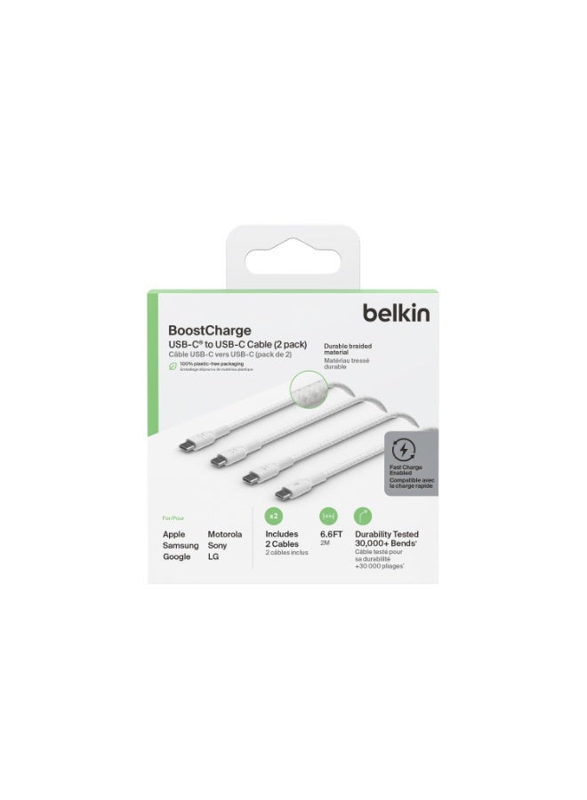 belkin BoostCharge braided USB C Charger Cable USB Type C  Cable Fast ChargIng Cable For iPhone 15 Samsung Galaxy S24 Google Pixel iPad MacBook NIntendo And more   2m 2 Pack White White  - Image 4