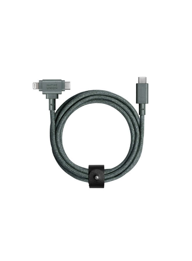 Native Union Belt Duo USB-C To C + Lighthing Cable 1.8M - Universal Charging Cable, W/ Leather Strap, For Apple iPhone 15/14/13/12/Pro/Max, 11/Pro/Max, XS/XR/X/Max, iPad Air/Pro, Airpods Slate Green - Image 1