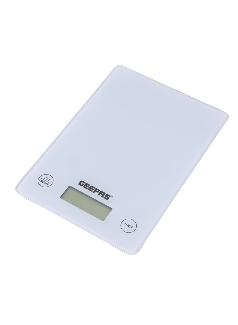 GEEPAS - Geepas Electronic Kitchen Scale With Digital Display, 5 Kgs Max. Weight, 3 MM Tempered Glass, Tare Function, Low Battery/Overload Indication, Auto-Off, Tare Function GKS46525UK White - Image 1