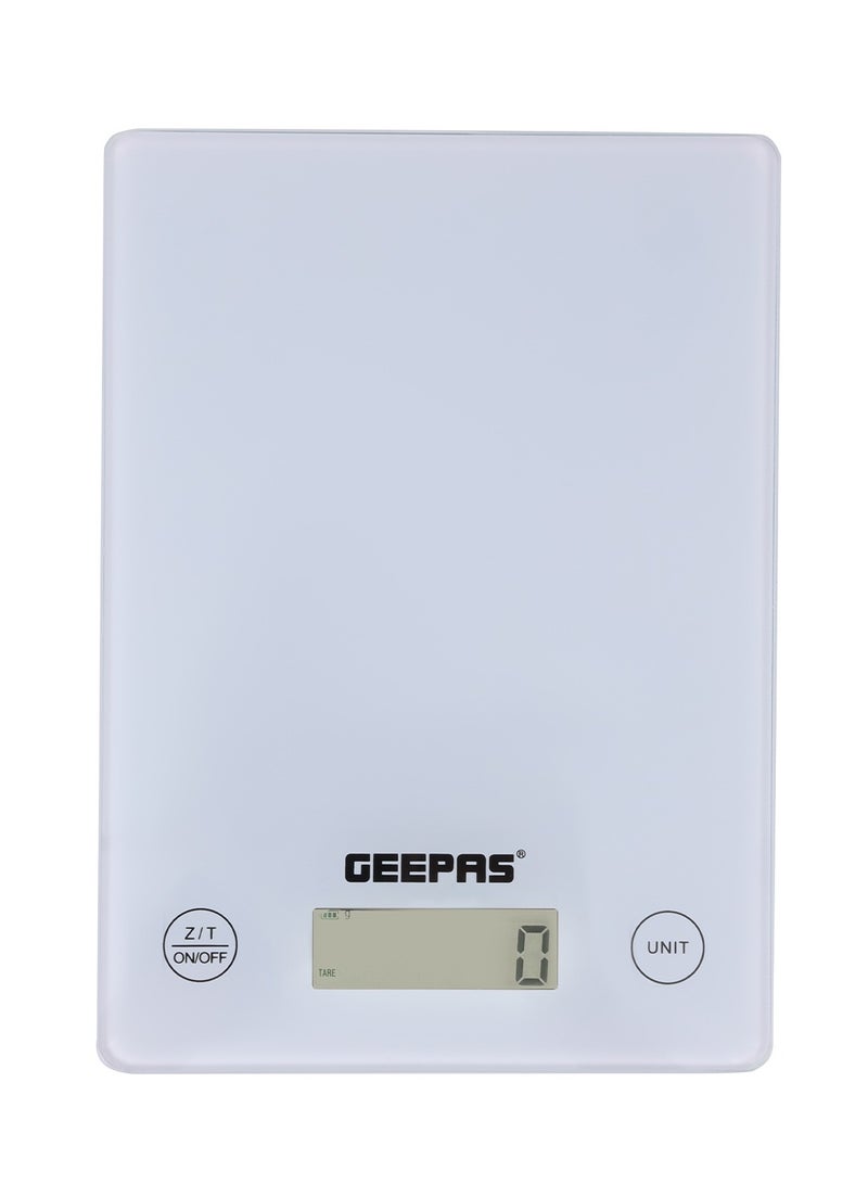 GEEPAS - Geepas Electronic Kitchen Scale With Digital Display, 5 Kgs Max. Weight, 3 MM Tempered Glass, Tare Function, Low Battery/Overload Indication, Auto-Off, Tare Function GKS46525UK White - Image 1