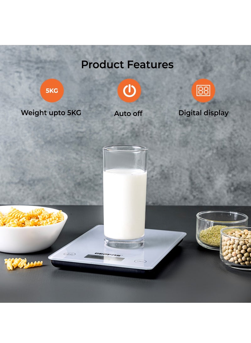 GEEPAS - Geepas Electronic Kitchen Scale With Digital Display, 5 Kgs Max. Weight, 3 MM Tempered Glass, Tare Function, Low Battery/Overload Indication, Auto-Off, Tare Function GKS46525UK White - Image 1