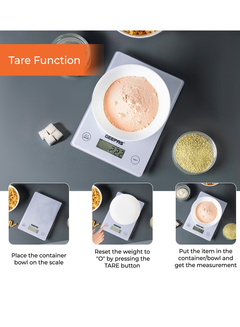 GEEPAS - Geepas Electronic Kitchen Scale With Digital Display, 5 Kgs Max. Weight, 3 MM Tempered Glass, Tare Function, Low Battery/Overload Indication, Auto-Off, Tare Function GKS46525UK White - Image 1