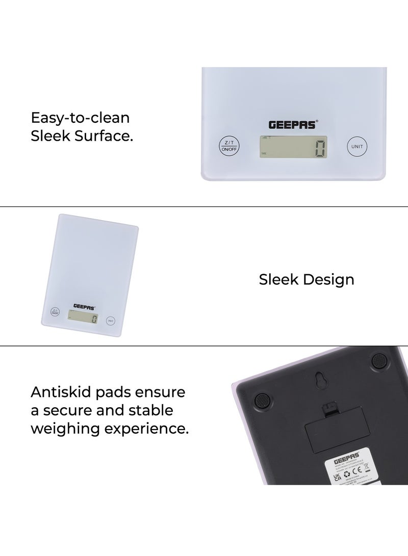 GEEPAS - Geepas Electronic Kitchen Scale With Digital Display, 5 Kgs Max. Weight, 3 MM Tempered Glass, Tare Function, Low Battery/Overload Indication, Auto-Off, Tare Function GKS46525UK White - Image 1