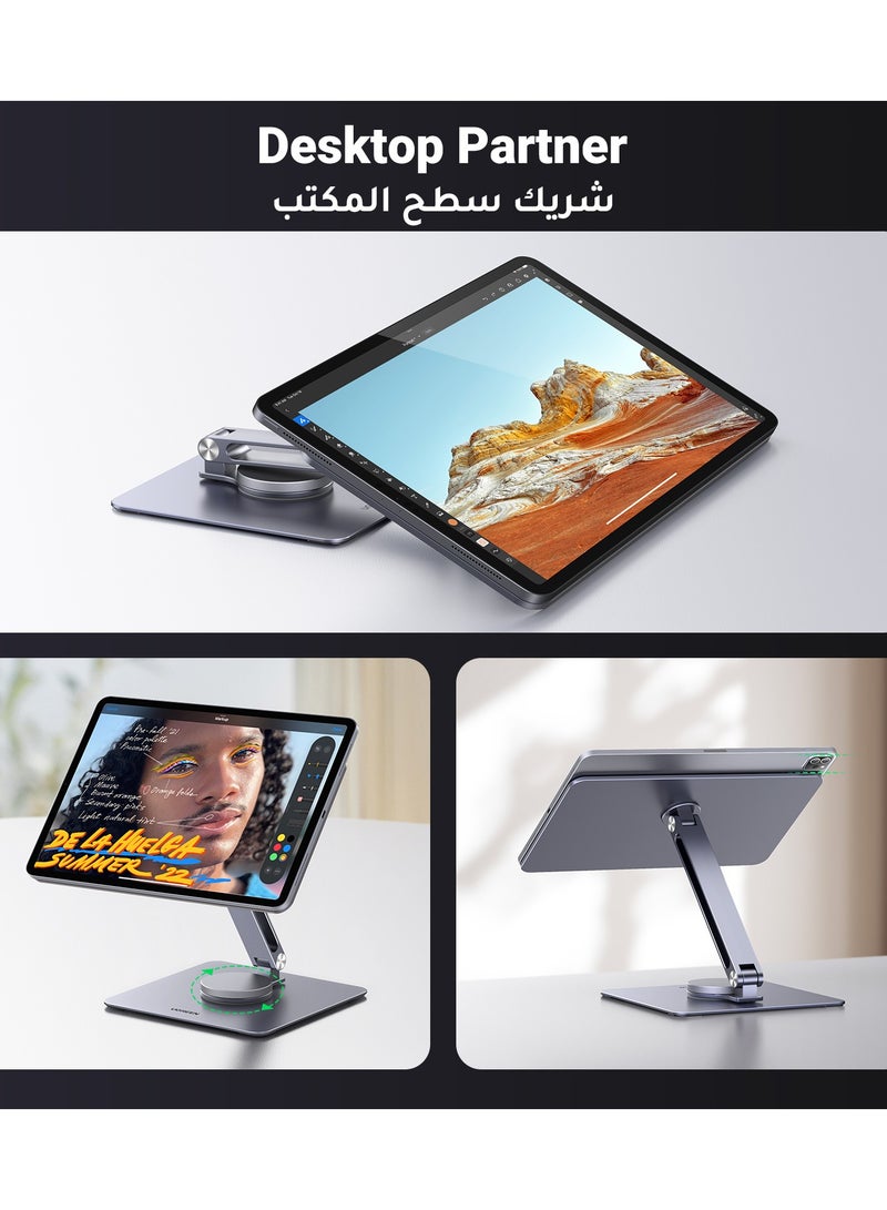 Ugreen - Foldable Magnetic iPad Stand, 360° Rotation Adjustable iPad Pro Stand, Multi-Angle Tablet Stand for Desk,Portable Strong Magnet Tablet Holder for Apple iPad Pro 11inch 3rd/4th/5th Gen Grey - Image 1