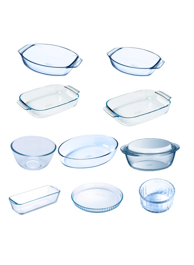 Pyrex Set of 14 (3 Oval Roaster 3L-2L-0.7L ) - 2 Rectangular Roaster (3.7L-1.8L) -Rectangular Loaf Dish (1.5L) - Casserole With Lid (2.1L) - Flan Dish(1.6L) - Mixing Bowl (1L) - 4 Ramekin (0.3L) Clear - Image 1