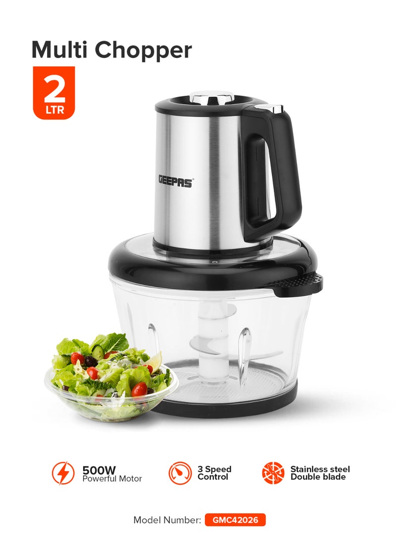 GEEPAS - Multi Chopper, Compact Multi Chopper, 3 Speed Levels and Double Blade Assembly| Suitable for Chopping Vegetables, Fruits, Meat| Stainless Steel Blade Set for Fast and Effective Chopping 500 W GMC42026 Silver & black - Image 1