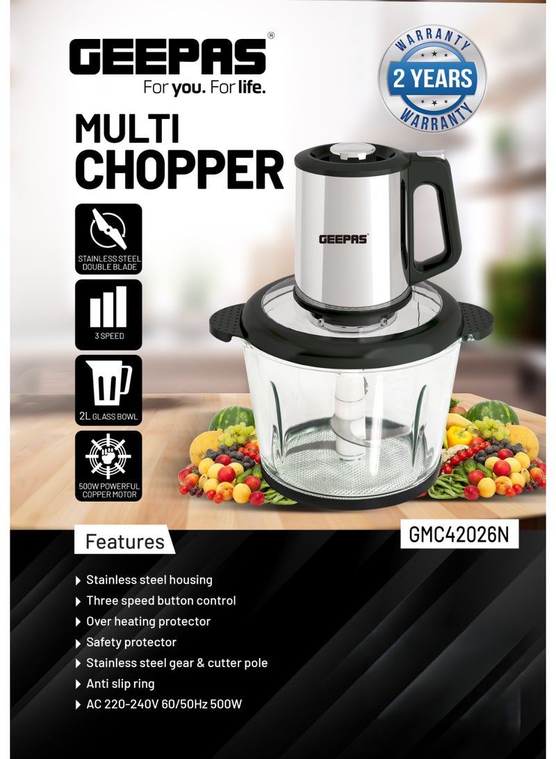 GEEPAS - Multi Chopper, Compact Multi Chopper, 3 Speed Levels and Double Blade Assembly| Suitable for Chopping Vegetables, Fruits, Meat| Stainless Steel Blade Set for Fast and Effective Chopping 500 W GMC42026 Silver & black - Image 1