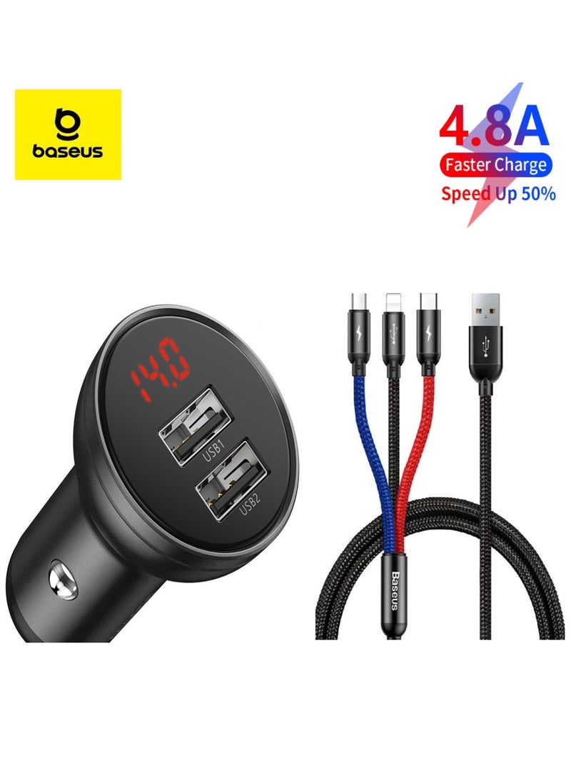 Baseus 24W Car Phone Fast Charger 4.8A Dual USB Car Charge Plug Adapter With 3-In-1 Cable 1.2M Compatible For iPhone 14 Pro/14 Pro Max/13/12/11/Galaxy S23/S22/Oneplus/Huawei/Xiaomi Etc Black  - Image 1