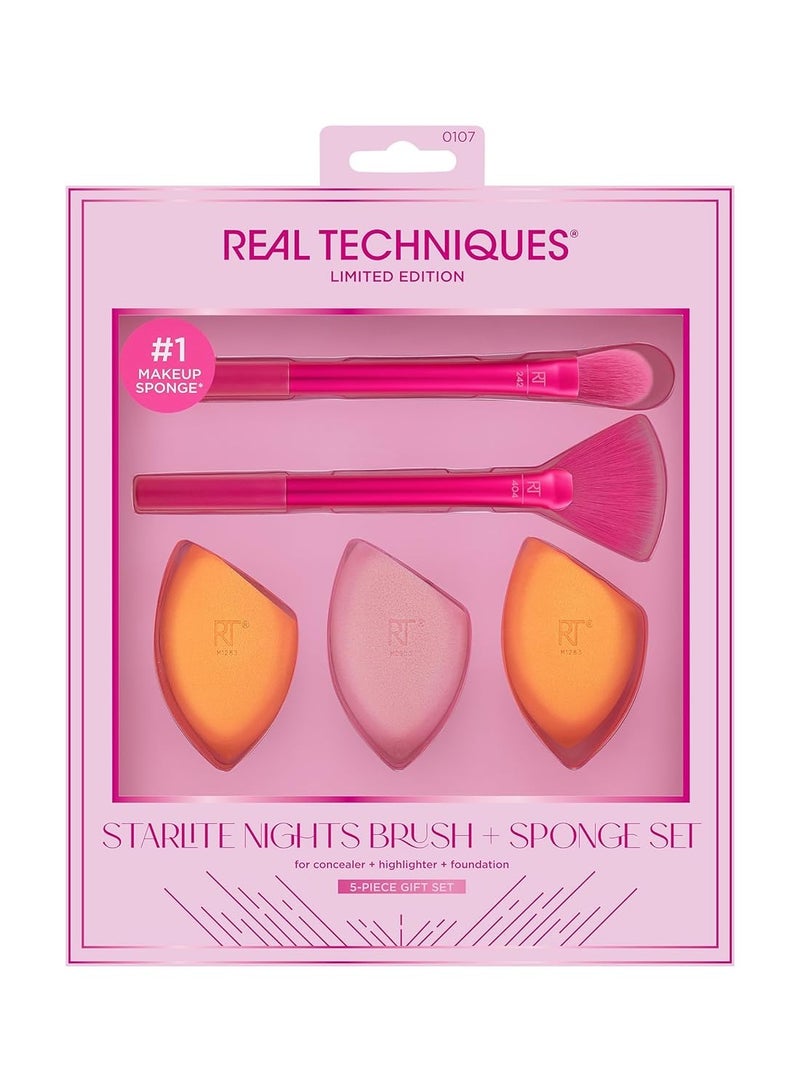 ريل تكنيكس Limited Edition Starlite Nights Brush + Sponge Kit, Makeup Brush & Makeup Blending Sponge Set For Foundation & Powder, Kitten Paw Brush For Concealer, 5 Piece Gift Set Multicolour - Image 1