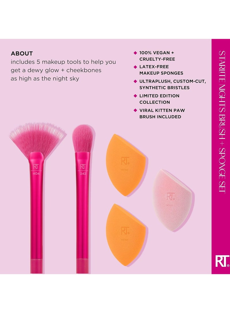 ريل تكنيكس Limited Edition Starlite Nights Brush + Sponge Kit, Makeup Brush & Makeup Blending Sponge Set For Foundation & Powder, Kitten Paw Brush For Concealer, 5 Piece Gift Set Multicolour - Image 3