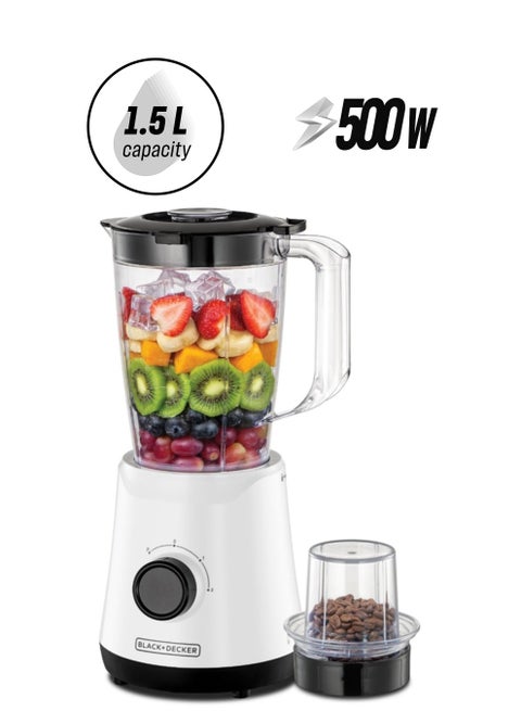 خلاط وصانع عصائر، شفرات من الفولاذ المقاوم للصدأ، مطحنة للطحن، قدرة على سحق الثلج، 2 سرعة + نبض، قفل أمان للوعاء، تصميم مدمج لسهولة التخزين – 1.5 L 500 W BX520-B5 أبيض