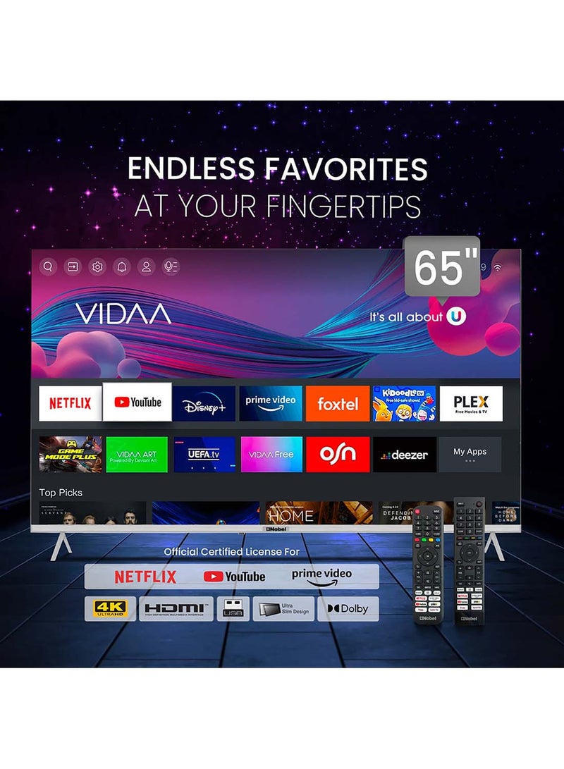 Nobel - 65 Inch Diamond 4K UHD VIDAA Smart TV iOS and Android Devices with VIDAA Voice & DTS TruBass™ Surround Sound Youtube Netflix Prime Video Bluetooth WiFi And Screen Sharing 2024 Model One Year Warranty UHD65VID Silver - Image 1