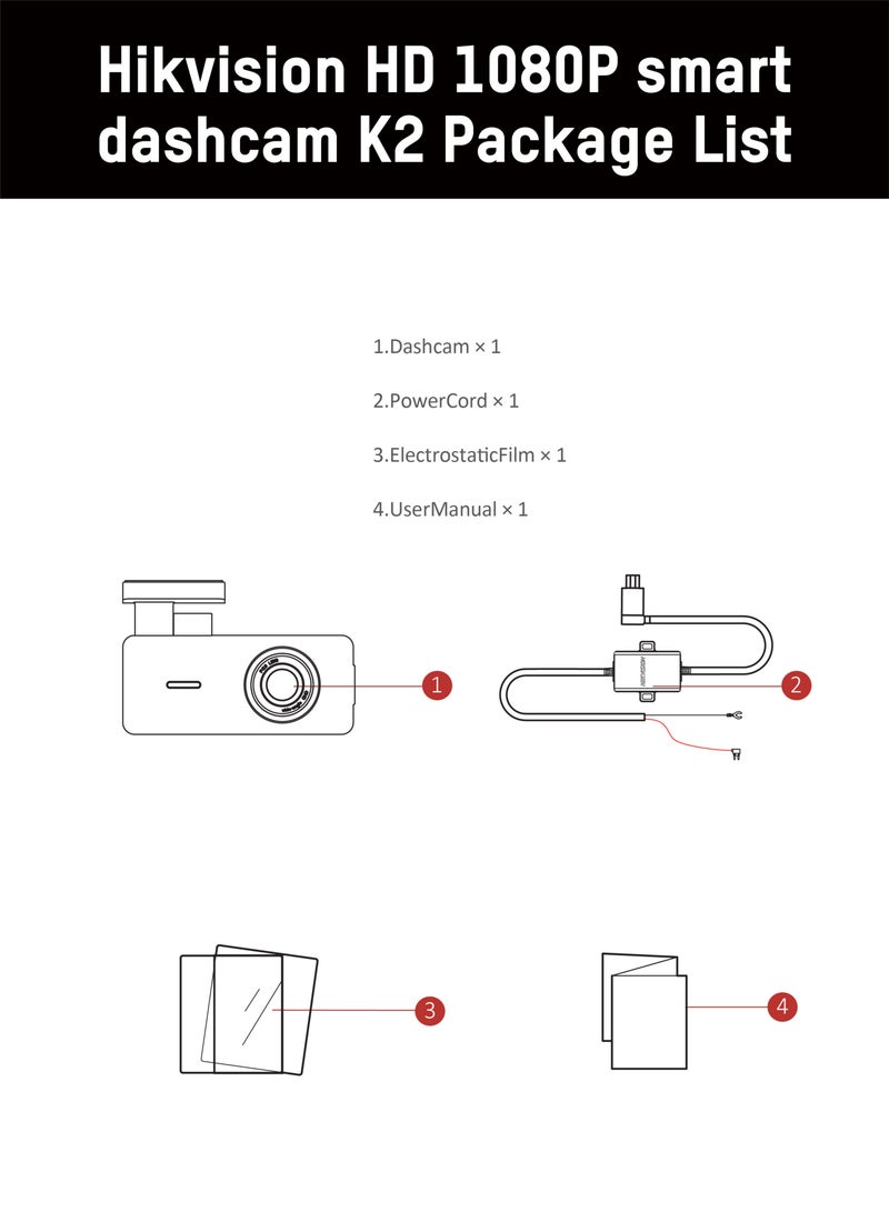 Hikvision K2 Dashcam, 1080P, Wifi, APP, Single Channel, Cigarette Adaptor Power, Buck-Line Cable, Loop Recording, Parking Monitoring - pnsku/N70039226V/45/_/1705635047/a3ee1d48-d0d1-493e-b482-274c874ca7ea