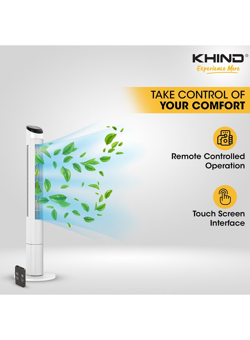 KHIND - 45 Inch Oscillating Tower Fan With Remote Control and Touch Screen |7.5 hours Auto Timer Function With Three Speed settings |Home, Kitchen And Office Use|1 Year Brand Warranty 0.01 L 0.01 W FD301R White - Image 1