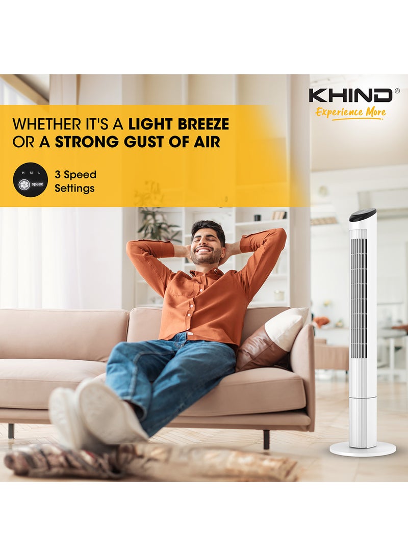 KHIND - 45 Inch Oscillating Tower Fan With Remote Control and Touch Screen |7.5 hours Auto Timer Function With Three Speed settings |Home, Kitchen And Office Use|1 Year Brand Warranty 0.01 L 0.01 W FD301R White - Image 1