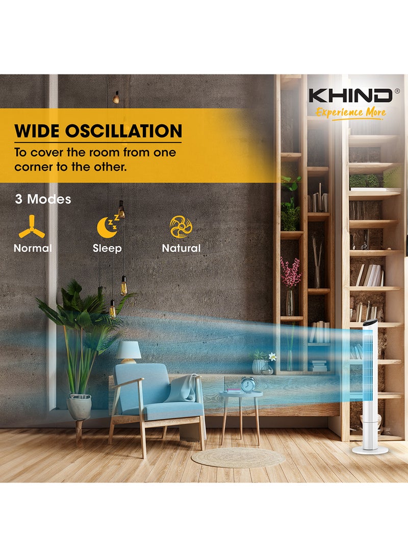 KHIND - 45 Inch Oscillating Tower Fan With Remote Control and Touch Screen |7.5 hours Auto Timer Function With Three Speed settings |Home, Kitchen And Office Use|1 Year Brand Warranty 0.01 L 0.01 W FD301R White - Image 1