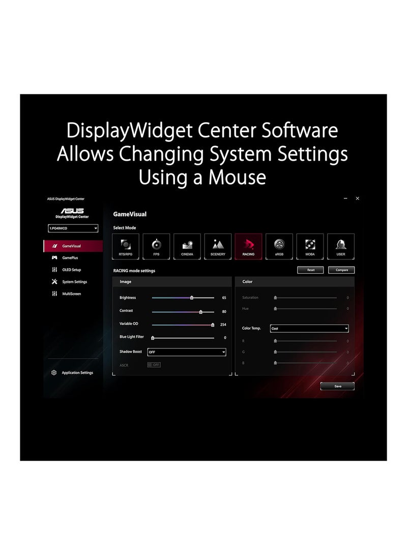 ASUS - ROG Swift OLED PG49WCD gaming monitor ― 49-inch (5120x1440) curved QD-OLED panel, 144 Hz, 0.03 ms, G-SYNC® compatible, custom heatsink, uniform brightness, ROG Smart KVM, 90 W Type-C Black - Image 1