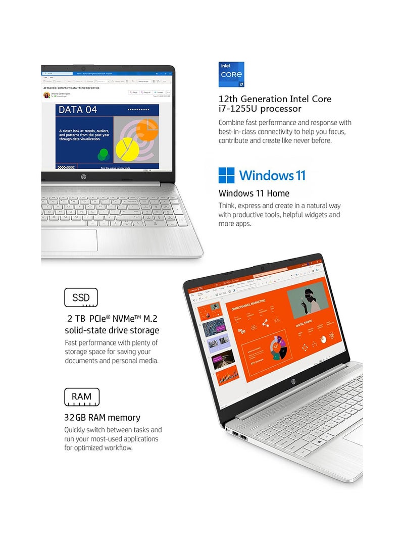 HP كمبيوتر محمول بشاشة لمس 15.6 بوصة فل اتش دي (1920 × 1080)، الجيل الثاني عشر انتل كور i7-1255U، ذاكرة الوصول العشوائي 16 جيجا، 2 تيرابايت اس اس دي، رسومات انتل ايريس اكس، كاميرا عالية الدقة، واي فاي، ويندوز 11 - Image 4