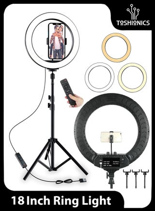 18 Inch LED Photography Ring Light Circle Studio Selfie Light Dimmable With 2.1 Meter Tripod Stand Remote And Mobile Phone Holders For Makeup Camera Photography YouTube Video TikTok Vlog Live Stream White - pnsku/N70039972V/45/_/1705910449/06f64c38-7aab-4340-858b-3f9e9cc8ed92