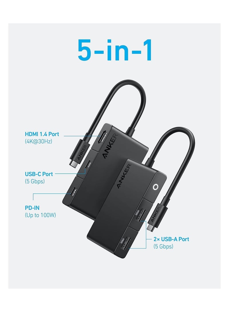 Anker - USB C Hub, 332 USB-C Hub (5-in-1, 4K HDMI) with 100W Power Delivery, 4K@30Hz HDMI Display, 5Gbps USB-C and USB-A Data Ports for MacBook, iPad, Lenovo, Dell, HP Laptops, and More () Black - Image 1