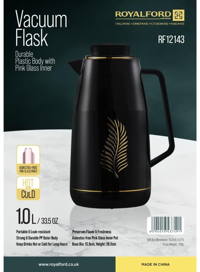 Royalford 1.0 L Vacuum Flask With Pink Glass Inner And PP Outer Body Keeps Your Drinks Hot Or Cold Asbestos Free Hygienic Leak Proof Portable Design Suitable For Indoor Black/Gold  - Image 5
